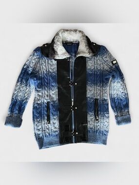 Barabas Blue Striped Zip Cardigan with Vegan Leather Details